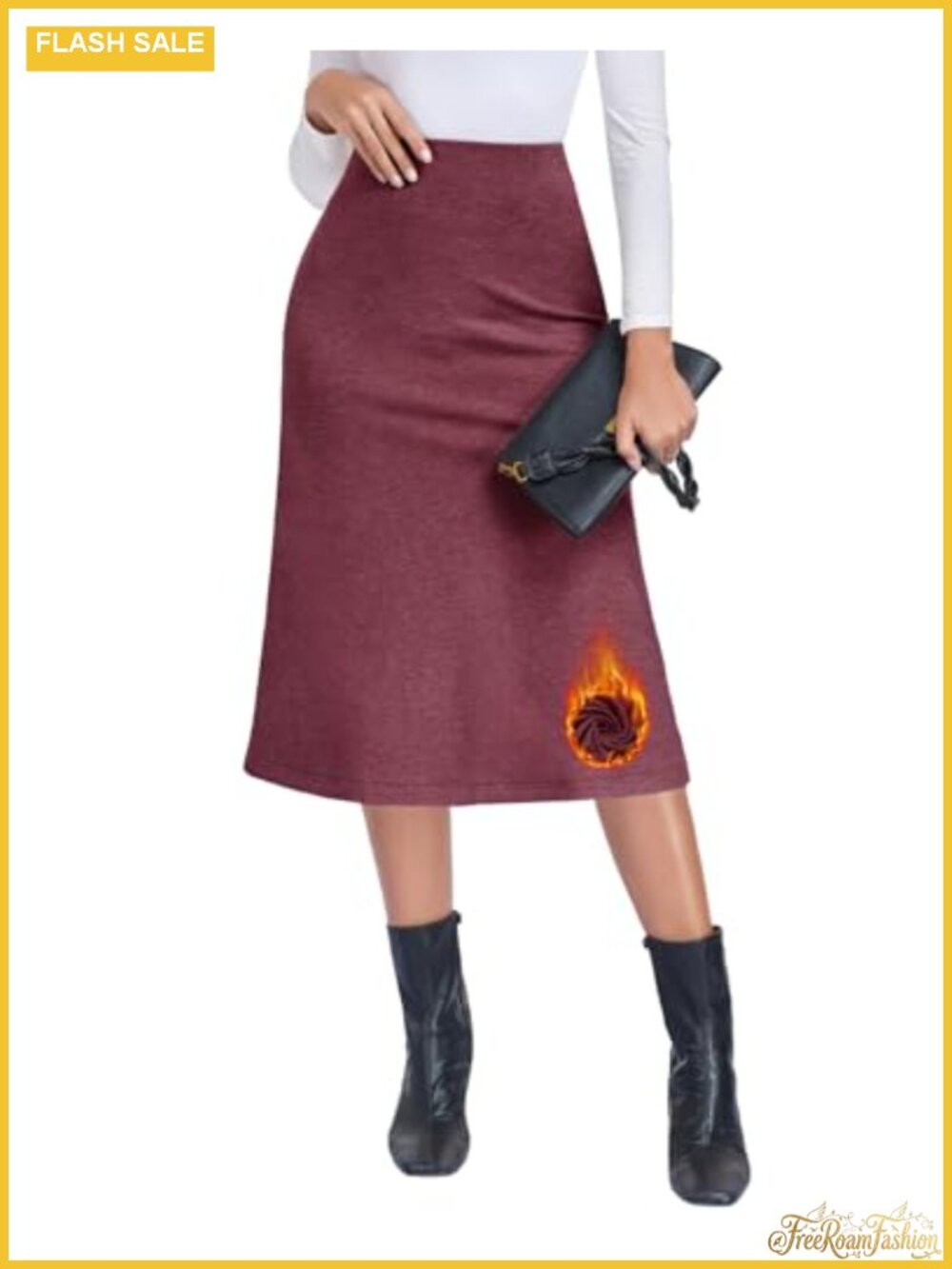 Fleece Lined Midi Skirt High Waist A Line Fall Winter Warm Women's